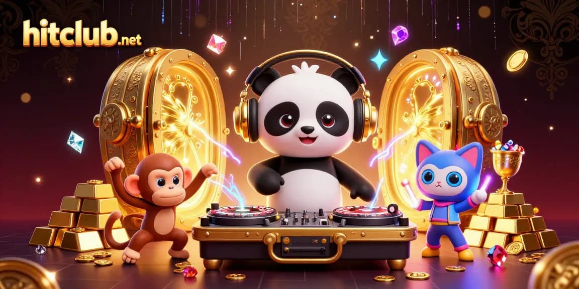 Hitclub-net showcases a dazzling online casino scene with vibrant characters and dynamic elements.