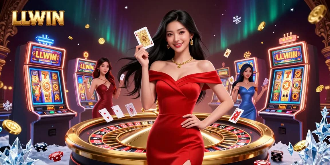 Experience the excitement of LLWIN with a stunning casino scene featuring vibrant slot machines, golden poker cards, and a beautiful dealer.