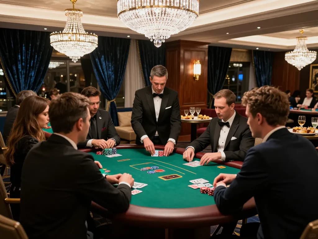 Players strategizing at an exclusive table during a Five88 poker night, showcasing luxury and engagement