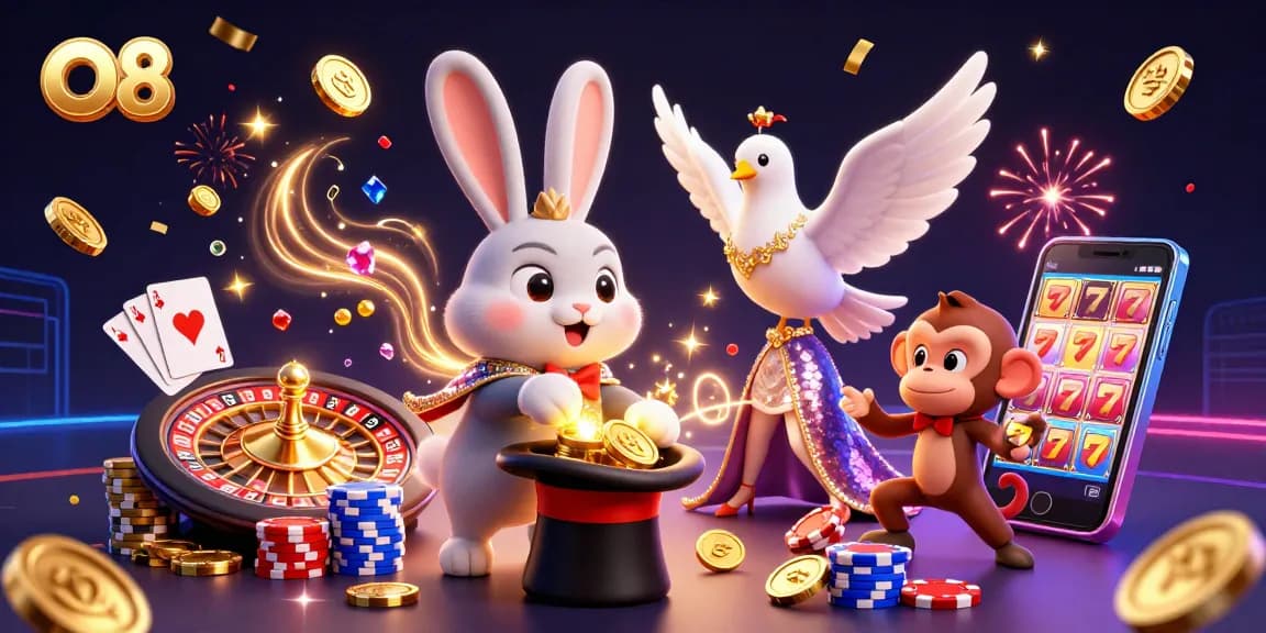 O8 casino illustration featuring a magician rabbit, a dove, and a monkey, celebrating wins.