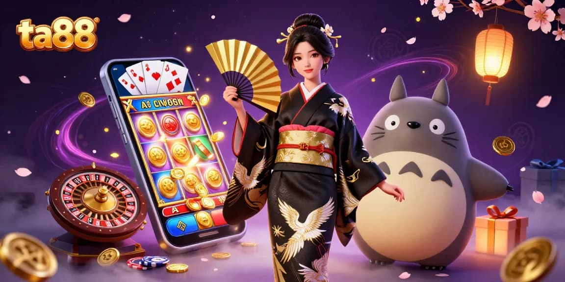 Experience thrilling gambling with ta88's vibrant 3D casino illustration featuring slot games and dynamic characters.