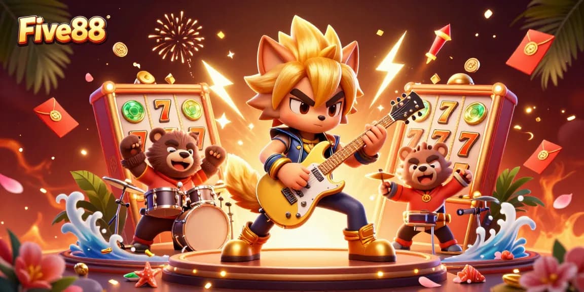 Experience high-energy gameplay at Five88 with a rock star wolf and drummer bear in an exhilarating casino setting.