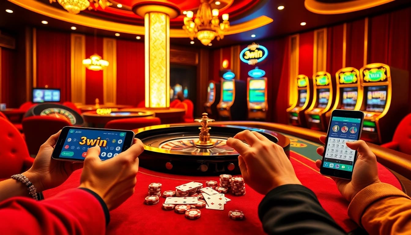Gamblers enjoying the 3win app at an elegant casino, with roulette and poker games in focus.