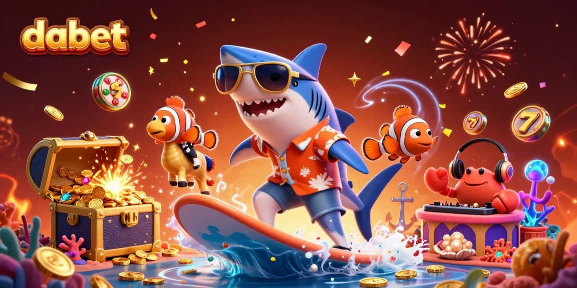 dabet takes center stage in an exciting casino scene with gold coins, slot reels, and whimsical characters.