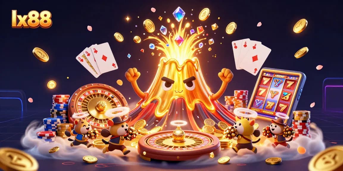 Experience thrilling wins at lx88 with vibrant, dynamic casino elements in this 3D illustration.