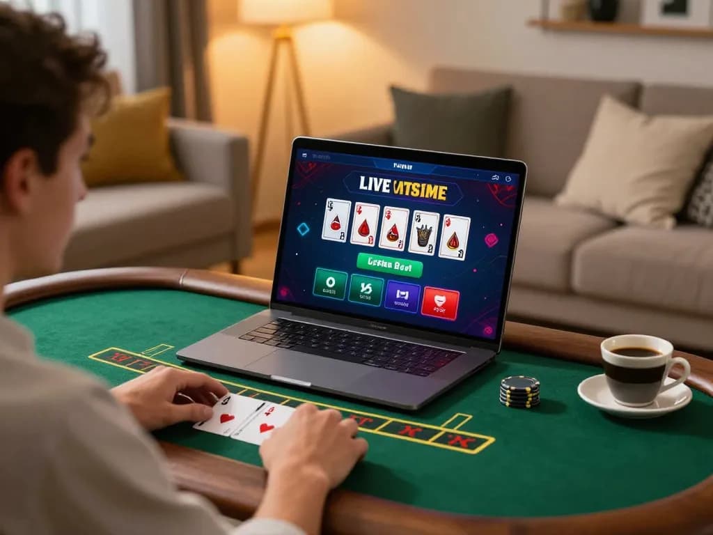 Engaging live dealer blackjack game on Sky88 laptop with vibrant screen display.