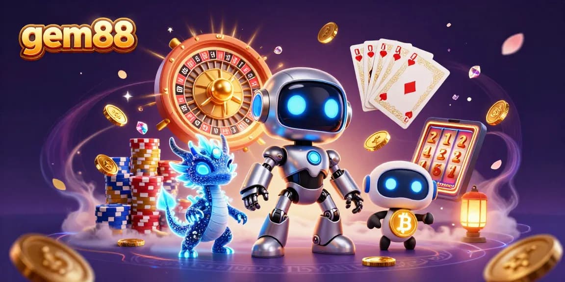 Experience thrilling wins at gem88 with vibrant casino elements, showcasing our dynamic AI mascot and treasures.