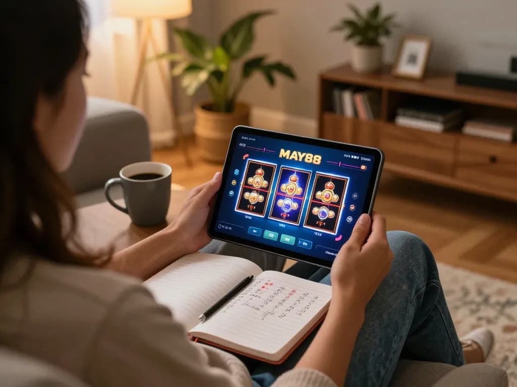 MAY88 player engaging with online slot games in a cozy living room setting.
