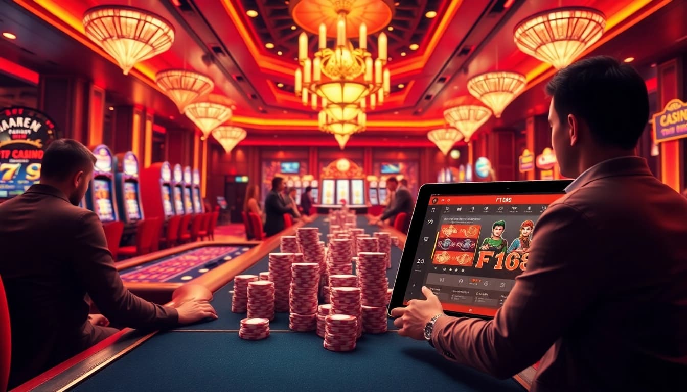 Experience the excitement of F168's high-stakes casino environment with vibrant slot machines and gaming tables.