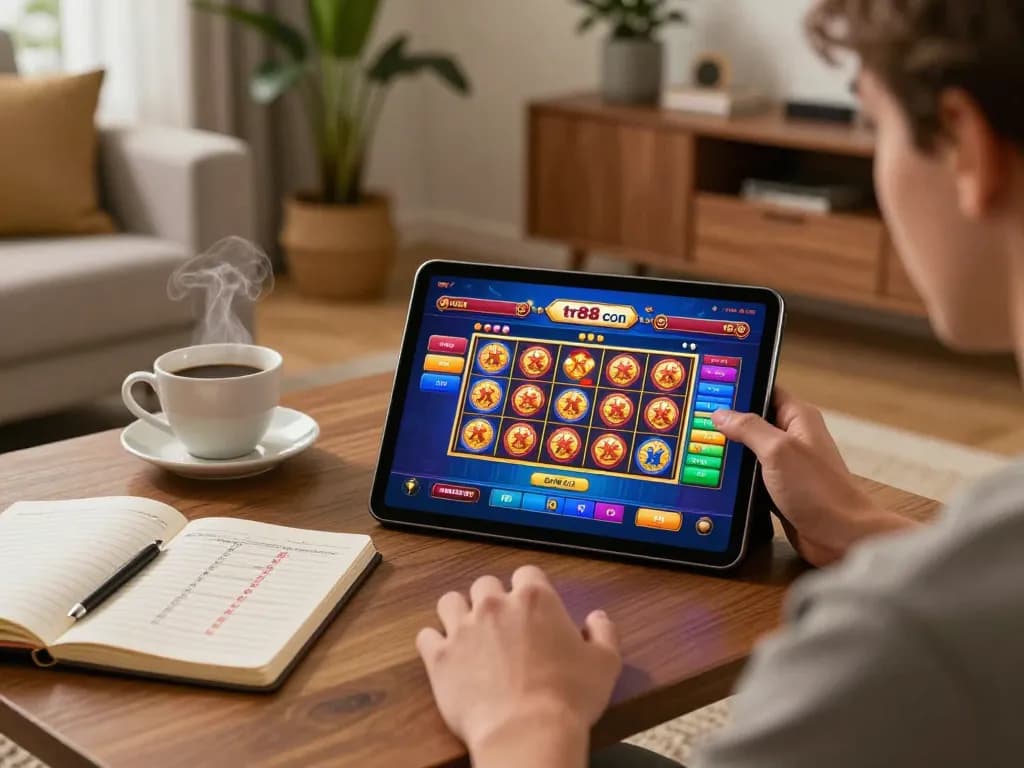 Player enjoying tr88 con gaming experience on tablet in a cozy home setup, emphasizing responsible gaming.