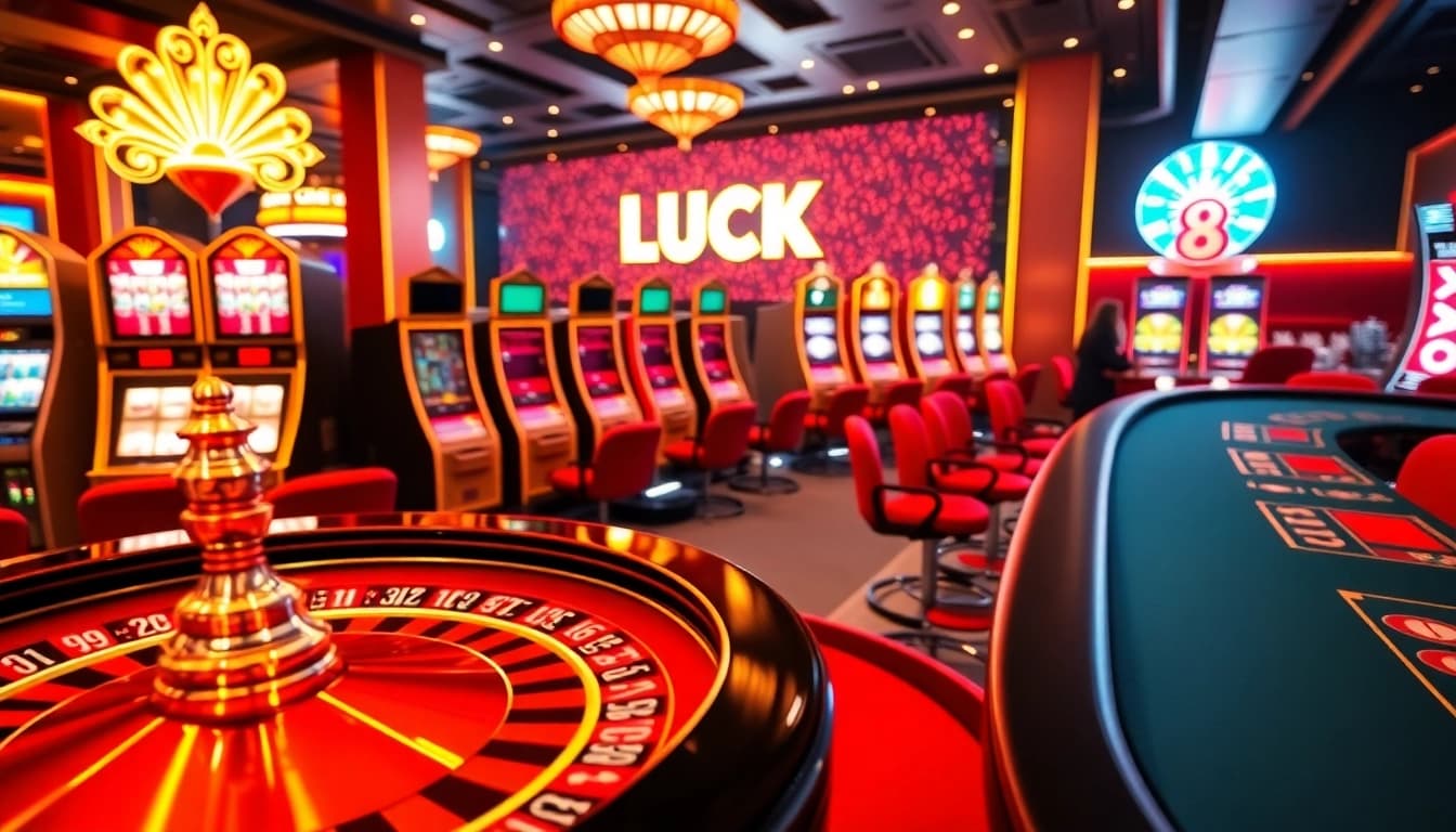 Experience the excitement of LUCK 8 with vibrant casino games and digital displays.