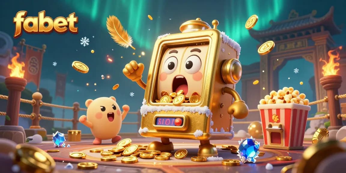 Experience continuous wins with fabet's dynamic slot machines raining coins in a vibrant casino scene.