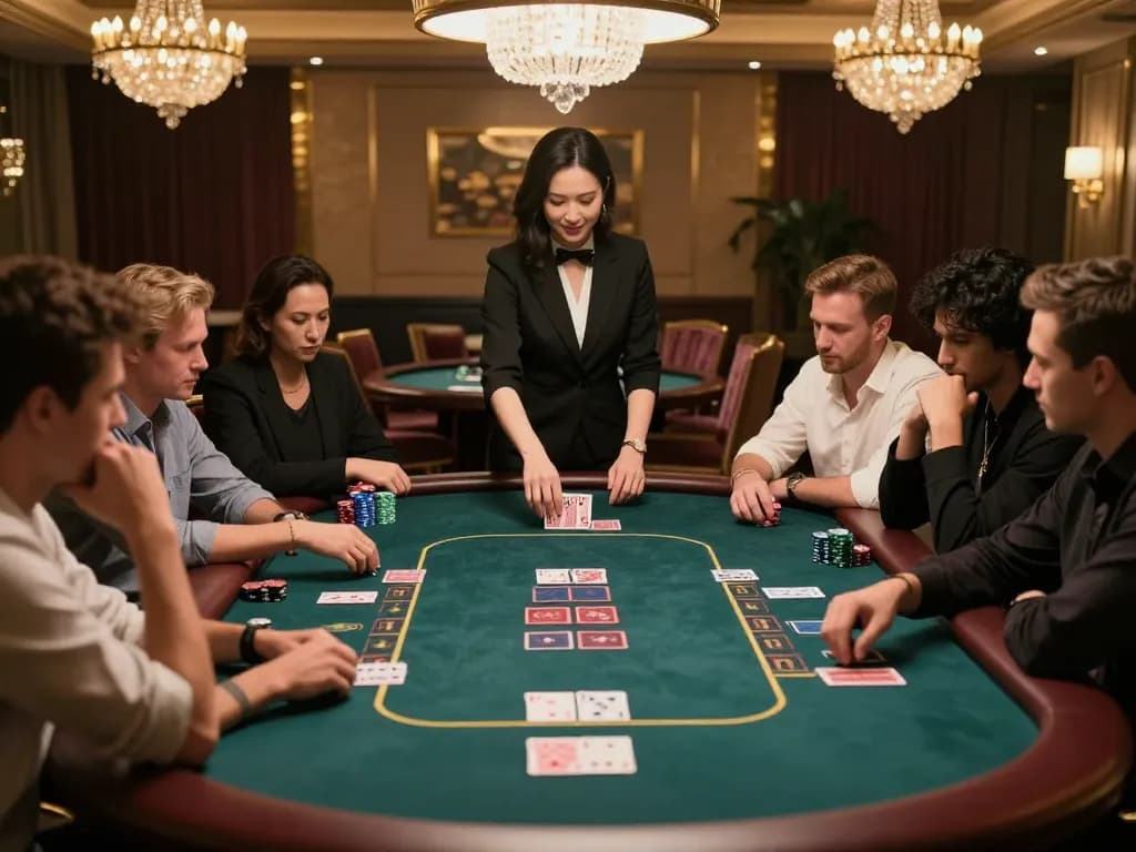 Active poker table with players engaged in strategy, highlighting ty le keo nha cai.