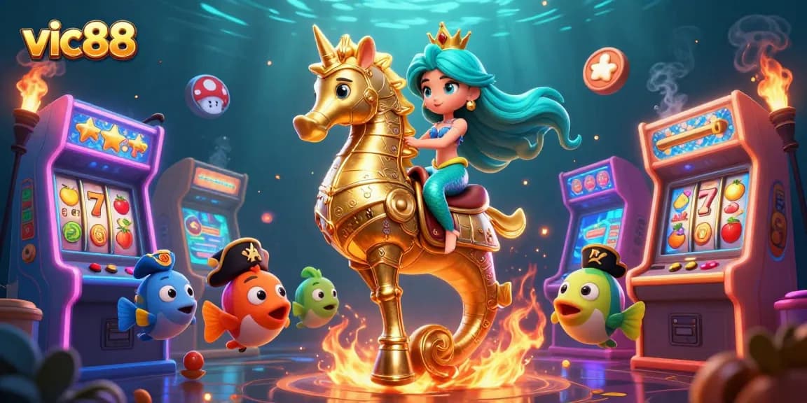 Win big with vic88 in a vibrant 3D casino scene featuring a mermaid and seahorse.