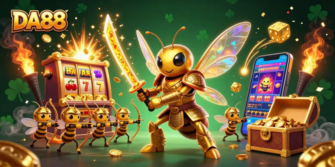 Engage with DA88 at an online casino, featuring a hornet warrior and slot machine jackpot.