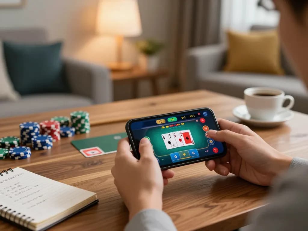 Engaging in a poker game on the mobile app at trang chủ LLwin in a cozy living room setting.