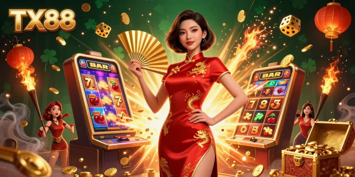 Experience the thrill of gaming at TX88 casino with a vibrant scene showcasing exciting slot machines, golden coins, and more.