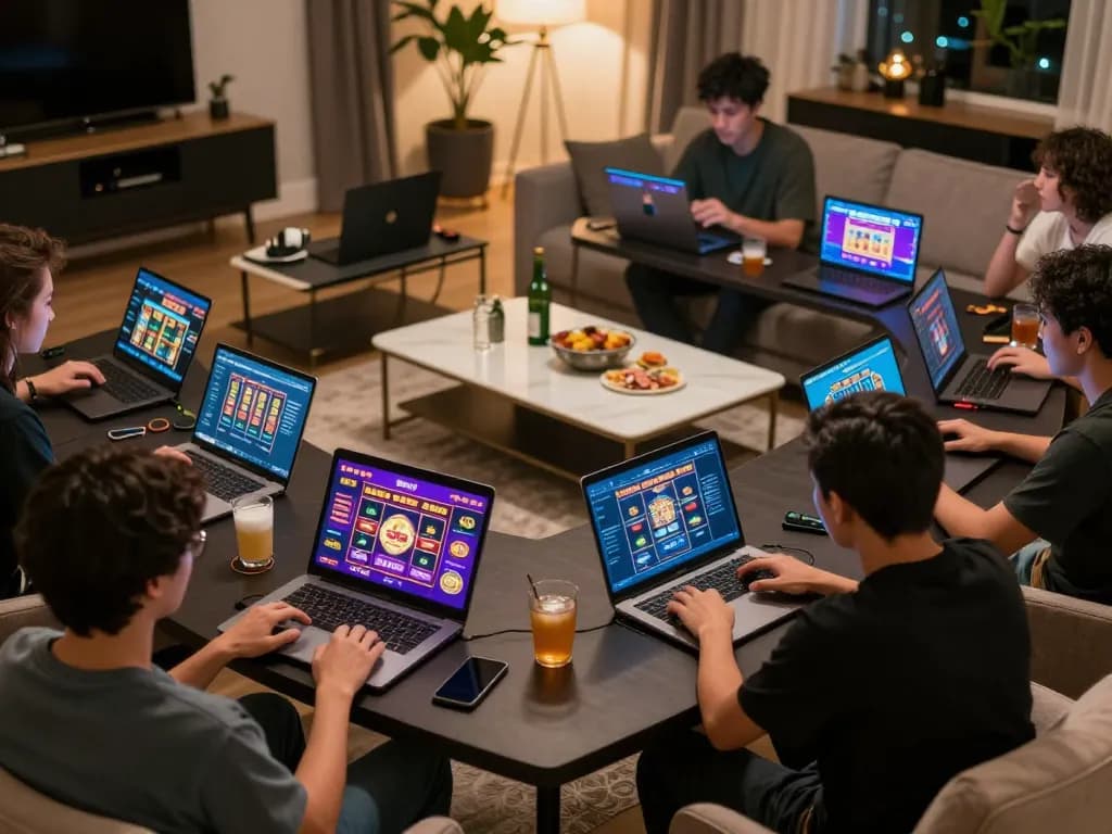 Players enjoying an immersive gaming session on 9bet platform with laptops and tablets in a cozy setting