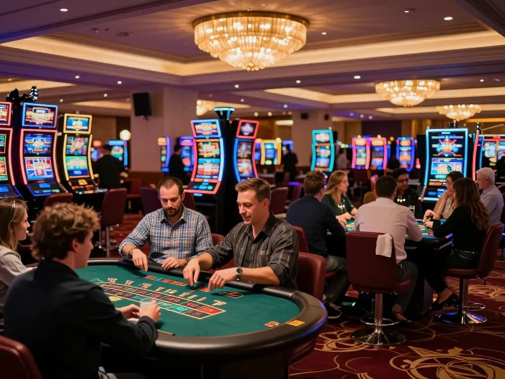 Experience thrilling gameplay at 8kbet casino, vibrant atmosphere with players around tables.