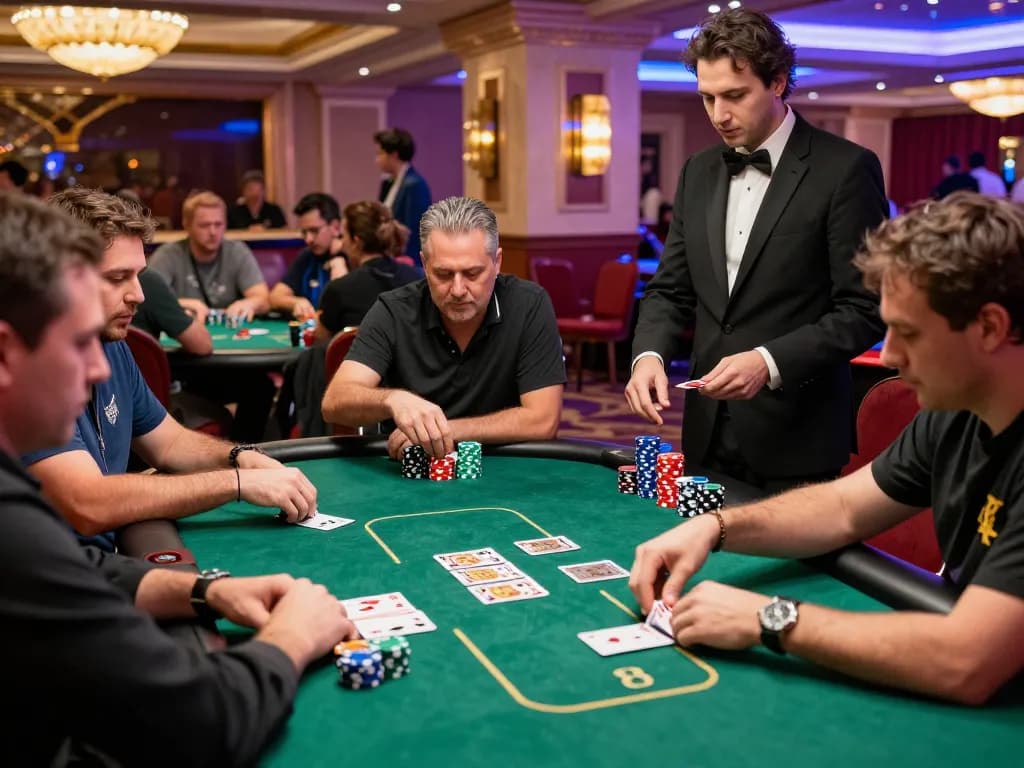 Players engaged in an intense poker game at a Vegas casino as they strategize for their DA88 bets.