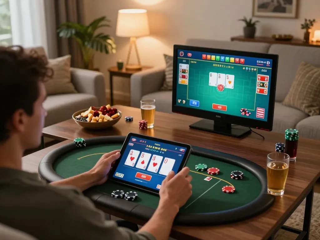 Engaging with nhà cái UU88 poker game on a tablet at home, showcasing modern gaming setup.