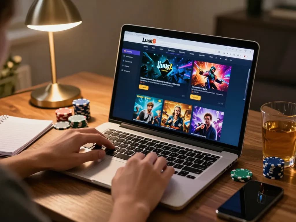 Luck8 player engaging with online casino games, displaying strategic betting notes and vibrant interface.