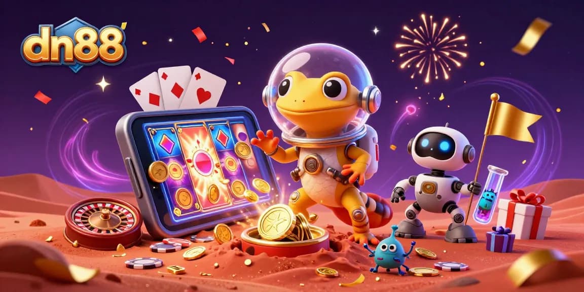 Win big at dn88 with a vibrant 3D casino adventure featuring a Martian gecko and exciting gaming elements.