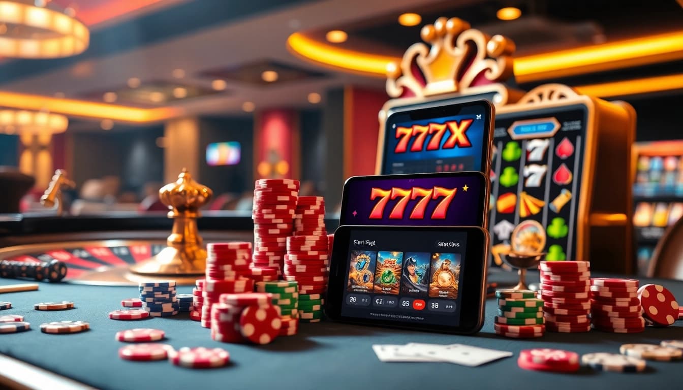 Experience the thrill of gaming with 777X APK showcasing exciting casino elements like poker chips and a spinning roulette.