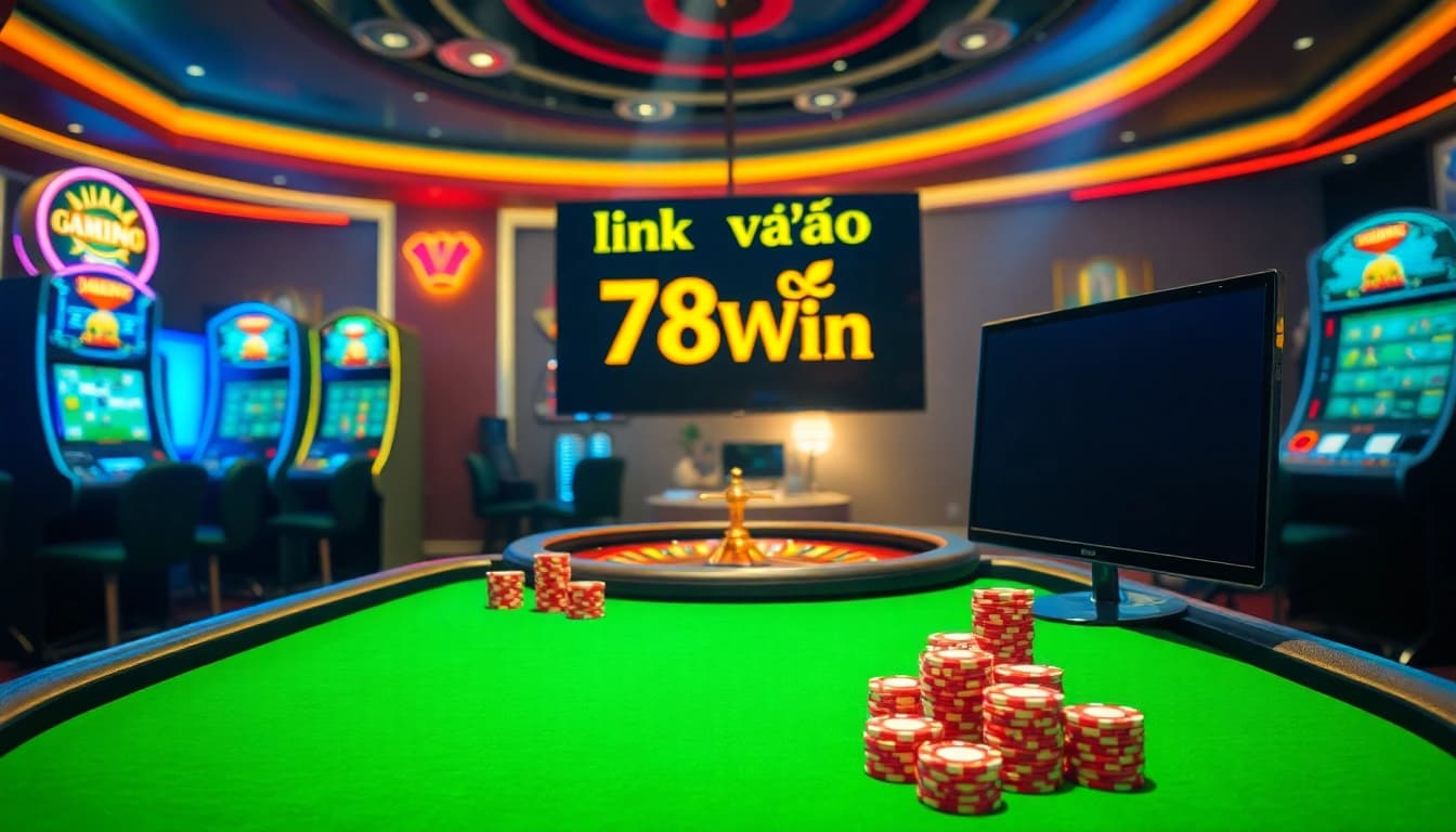 Link vào 78Win with players strategizing at a vibrant poker table and roulette wheel.