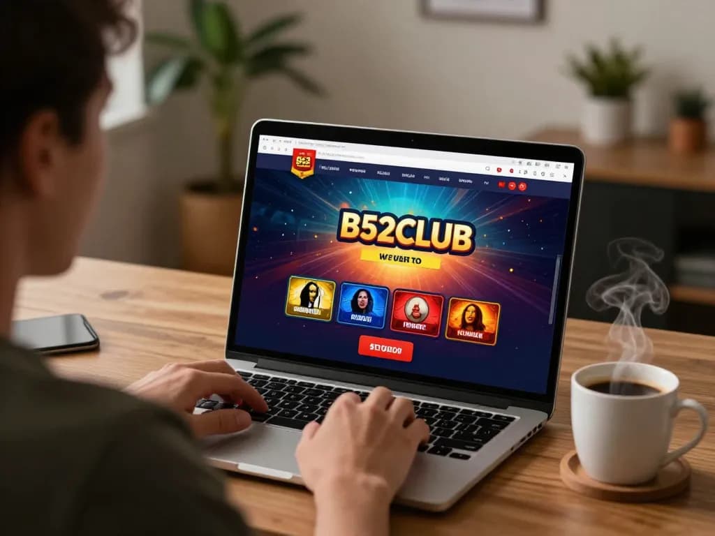 Engaging with B52CLUB gaming interface on a laptop at home, promoting responsible gambling.