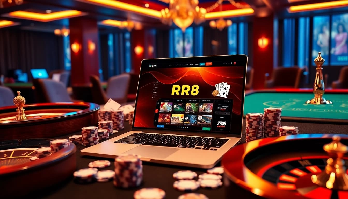 Engaging RR88 casino scene showcasing the excitement of online gambling with stylish gaming elements.