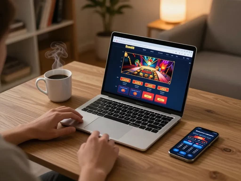 Experience engaging online gaming with Bom88 on a stylish setup featuring laptop and smartphone.