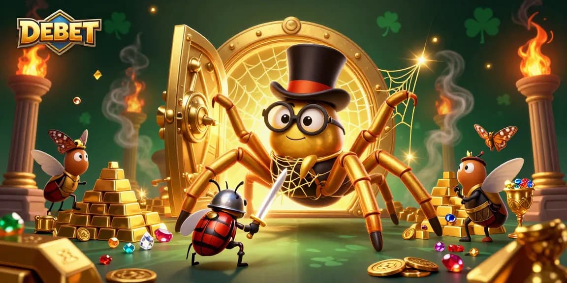 Play with golden treasures and characters in a vibrant DEBET casino scene full of excitement and adventure.