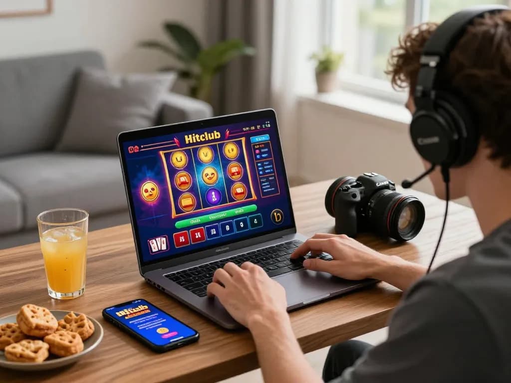 Hitclub engagement in vibrant online gaming at home with slot machines and card games.