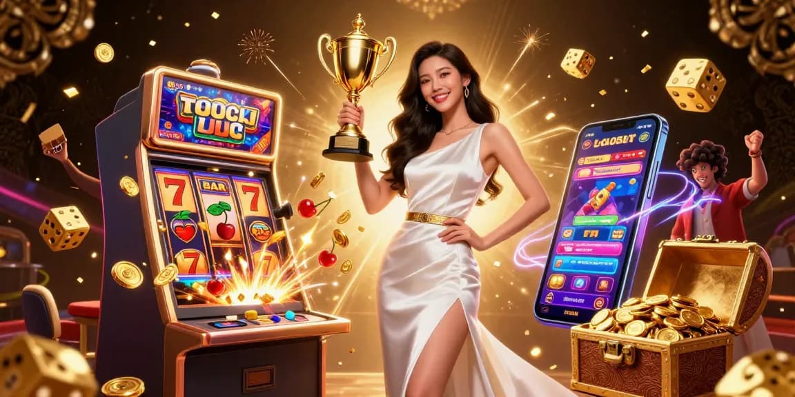 Experience the excitement of Luck8 with a stunning 3D casino illustration showcasing triumphant gameplay and jackpot moments.