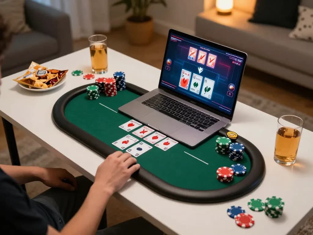 Person engaging in an online poker game at home, featuring 23wincom on the screen.