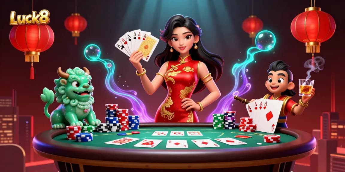 Experience thrilling gaming at Luck8 with a dynamic 3D casino scene featuring a captivating lady in a qipao and golden playing cards.