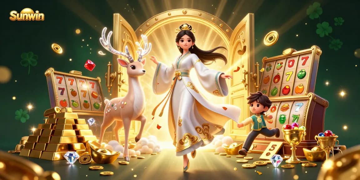 Sunwin promotes thrilling slot game excitement with a stunning 3D illustration of a graceful Asian woman.