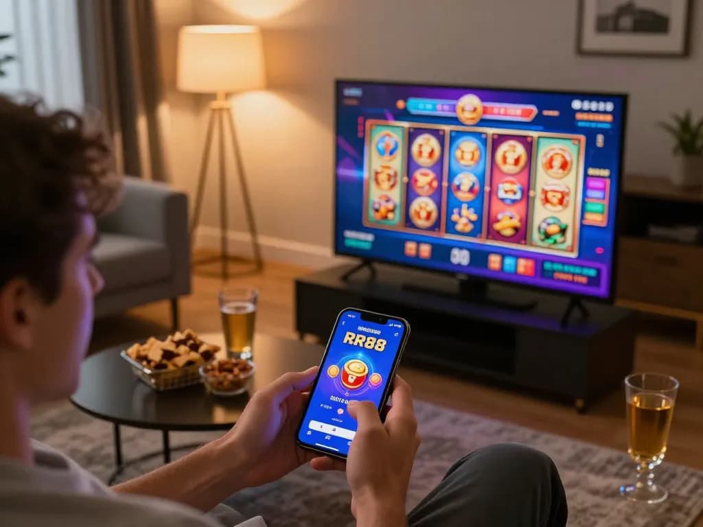 Player enjoys a thrilling RR88 slot game on their smartphone, showcasing mobile gambling excitement