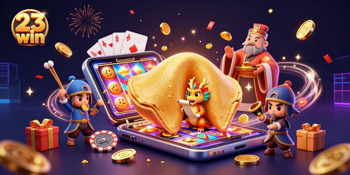 23 win players enjoying dynamic gaming action with vibrant slot games and festive gold elements.