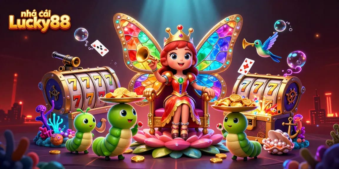 nhà cái Lucky88 features a vibrant illustration of a whimsical underwater casino with dynamic elements and gaming excitement.