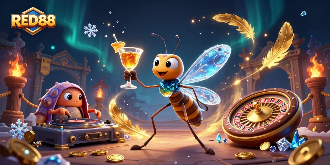 Engage in thrilling casino gameplay at RED88 with a vibrant 3D art scene.