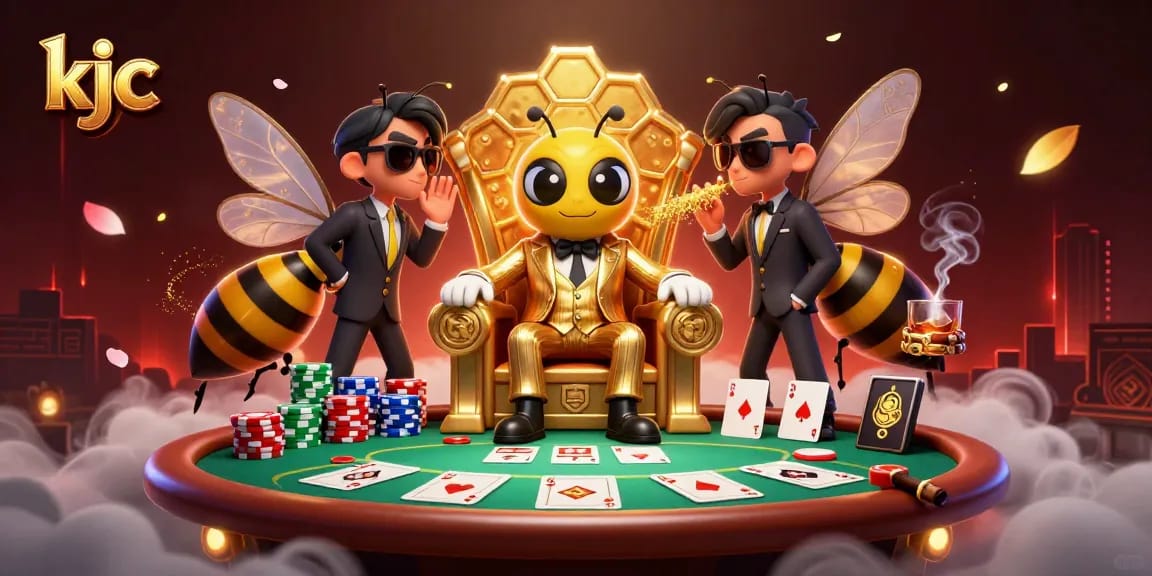 Join the KJC bumblebee mob boss in a lively poker scene surrounded by vibrant casino elements.