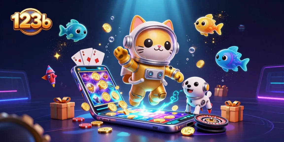 Engage with 123b's dynamic casino scene featuring a space cat, robot dog, and vibrant gaming elements.