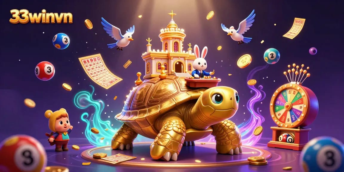 Experience exciting gameplay with 33winvn as a golden tortoise and rabbit dealer bring vibrant casino action to life.