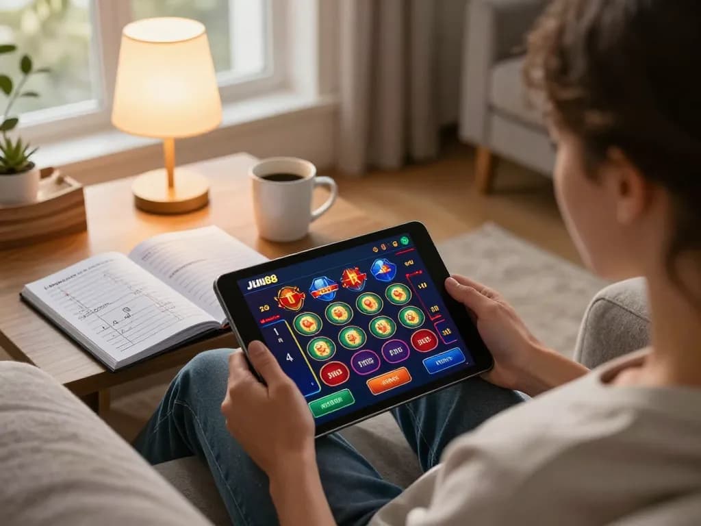 Person enjoying online casino gaming on Jun88 at home with tablet and strategy notes.