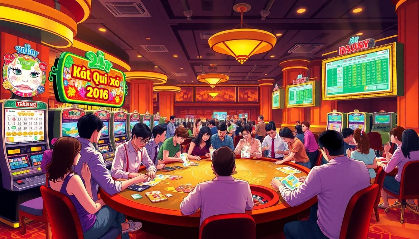 Kết quả xổ số displayed amidst an exciting casino environment with players engaged in lottery games.
