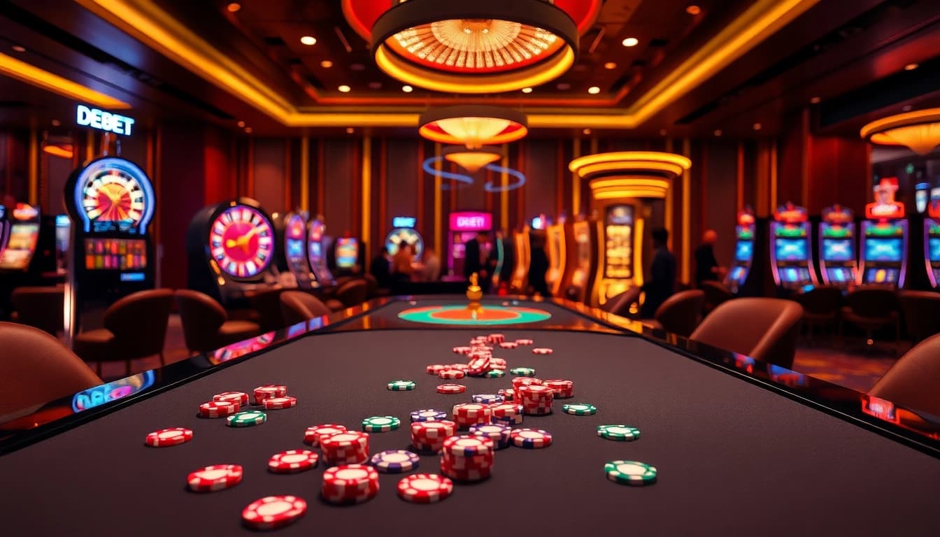 Experience the vibrant action of DEBET as players engage with poker chips and roulette wheels in a luxury casino.