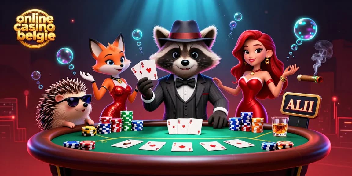 Experience excitement at online casino belgie with a playful raccoon, fox lady, and bouncer in a lively poker scene.