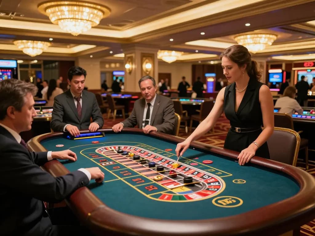 Players enjoying roulette action at Nhà cái Jun88 casino, vibrant atmosphere evident